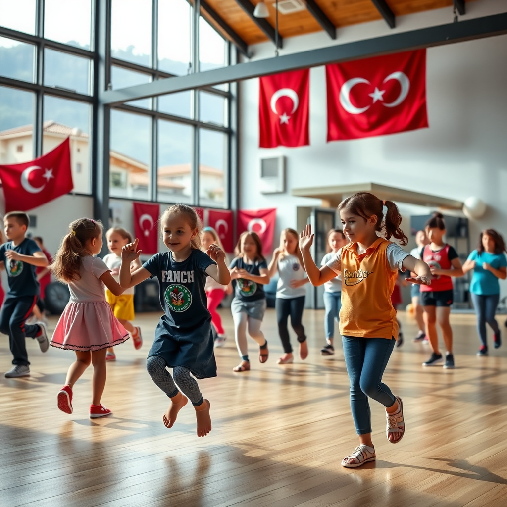 Çanakkale'de aile dostu bir spor salonunda çocuklar ve gençler dans etkinliklerinde.