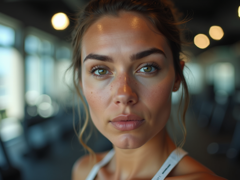 Spor salonunda kararlı bir ifadeyle duran, hafif makyajlı kadın