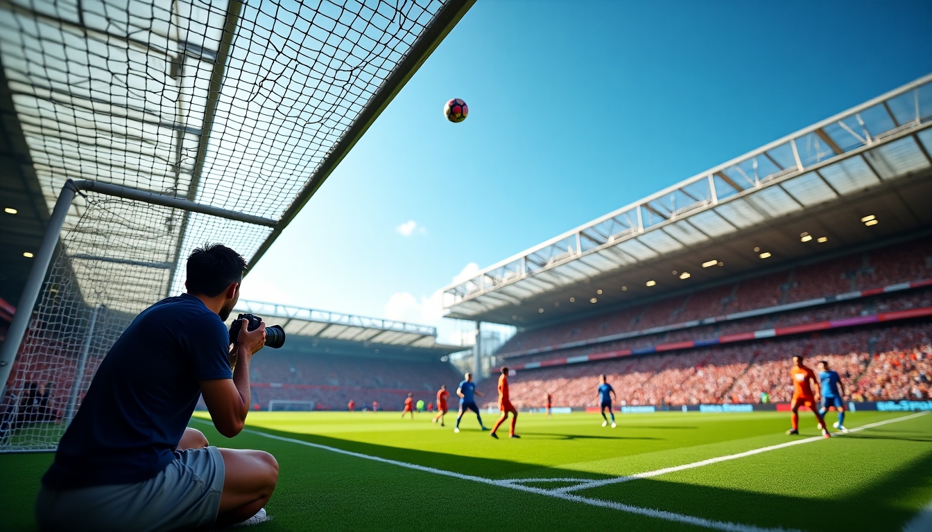 Futbol maçında kaleye yakın pozisyonda fotoğraf çeken fotoğrafçı