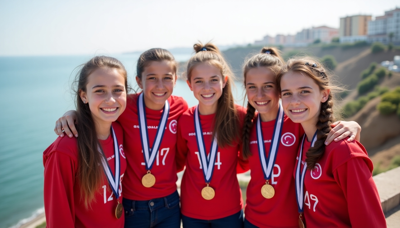 Çanakkale’de bir spor etkinliği sonrası madalyalarıyla poz veren kızların neşeli fotoğrafı, arka planda sahil manzarasıyla.