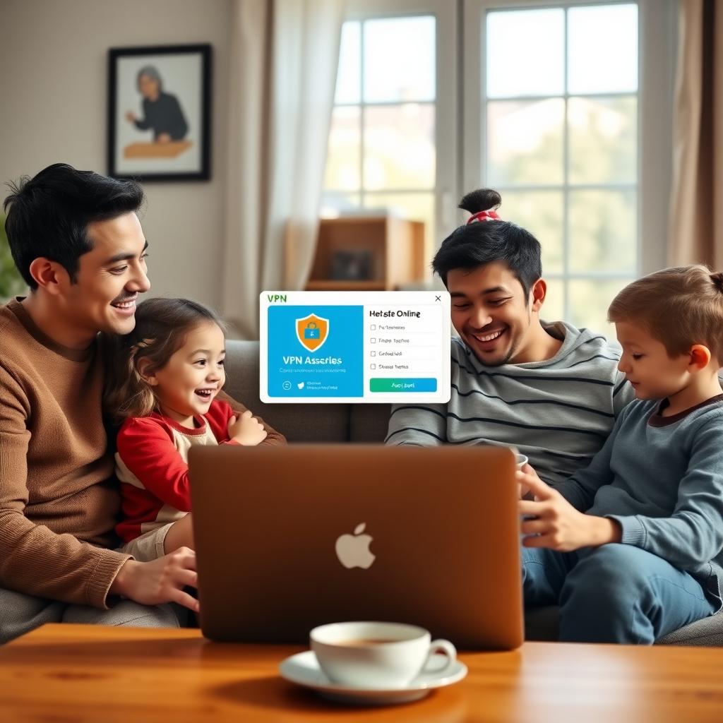 Modern bir aile, rahat bir oturma odasında laptop başında VPN arayüzüne bakıyor. Ebeveynler gülümsüyor, çocuklar güvenli bir çevrimiçi etkinlikte yer alıyor.