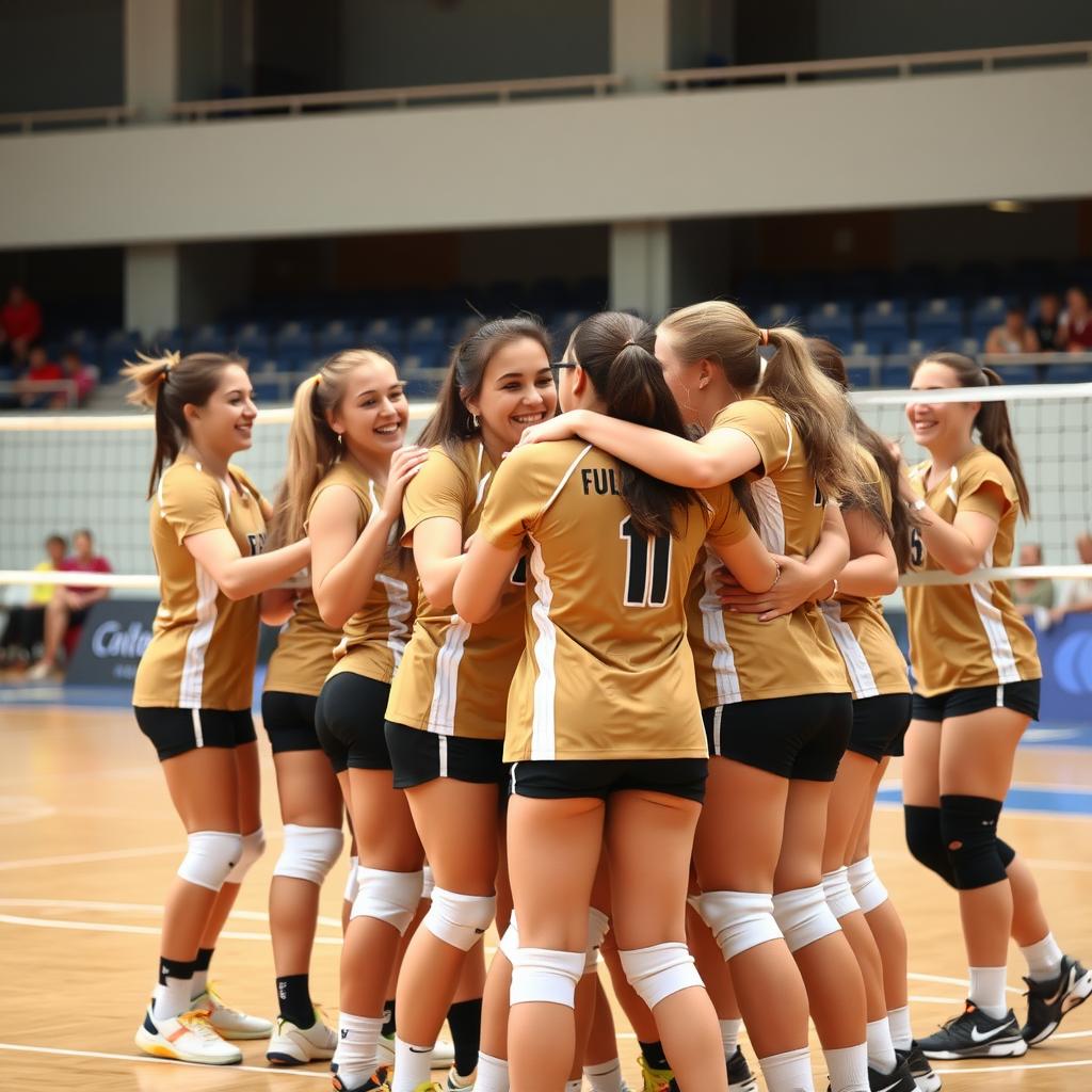Çanakkale’de bir salonda voleybol oynayan genç kızlar, maç galibiyetini kucaklaşarak ve gülümseyerek kutluyor.