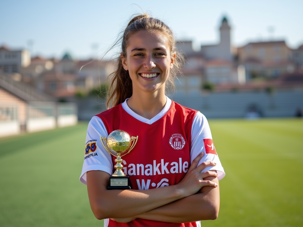 Çanakkale’den genç bir kadın sporcu, şehrin simge yapılarıyla çevrili bir spor sahasında gururla duruyor. Takımının formasını giymiş ve elinde bir kupa tutuyor.