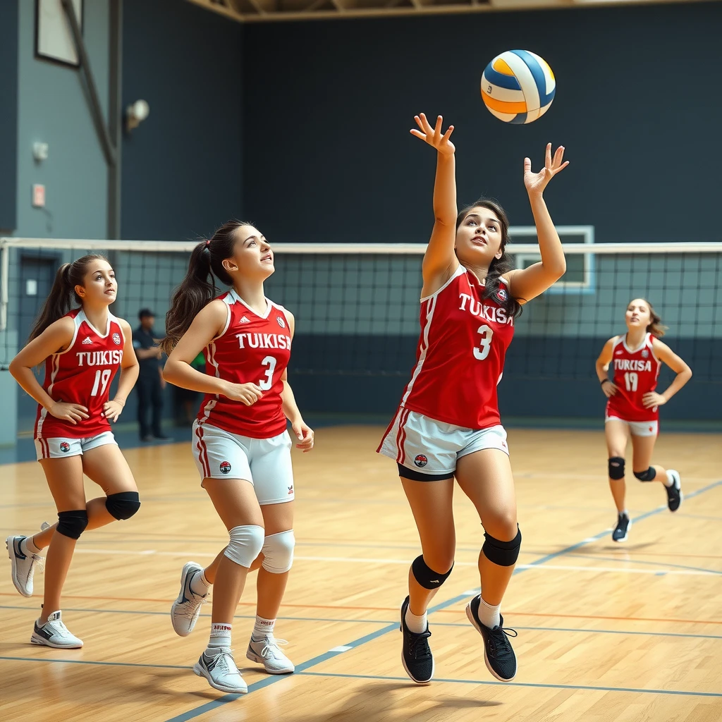 Genç Türk kızlar voleybol oynarken antrenman anı