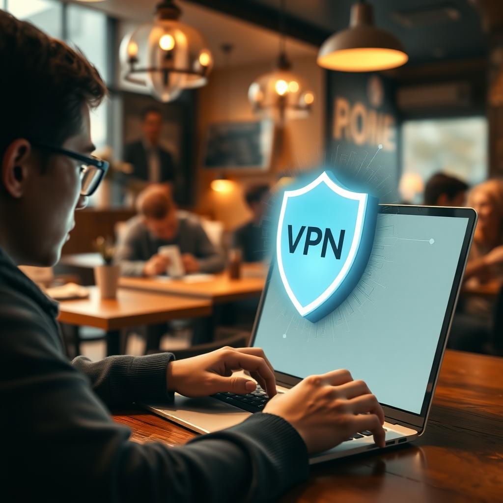 Bir kafede laptop kullanan bir kişi, ekranında VPN korumasını simgeleyen dijital bir kalkan simgesiyle.