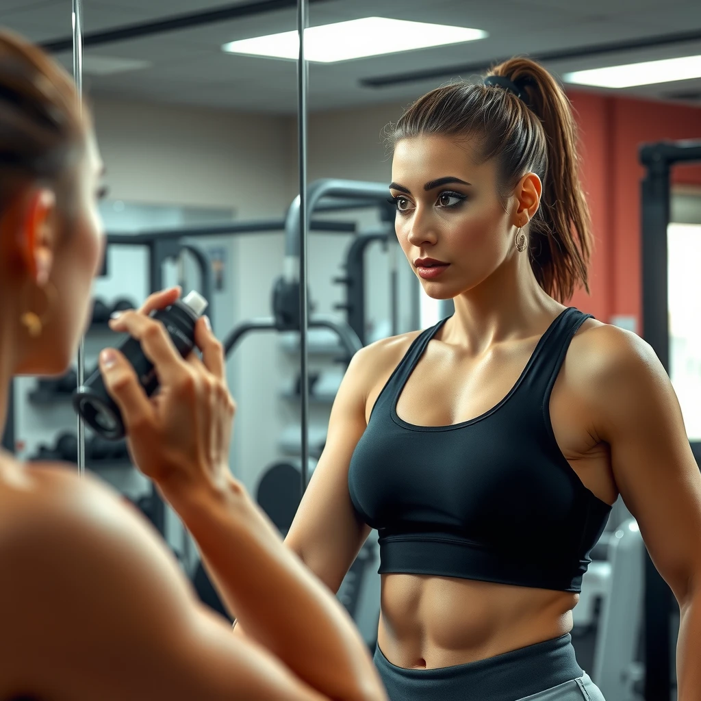 Spor salonunda makyaj sabitleyici sprey uygulayan kadın