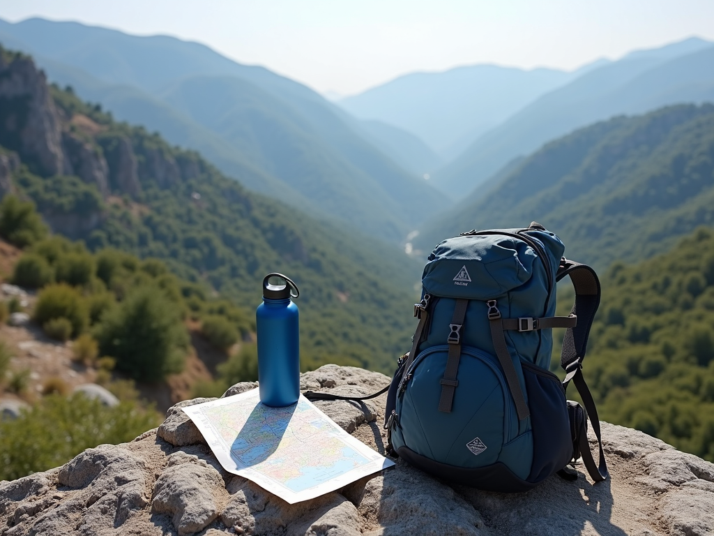Çanakkale’de bir kayanın üzerinde trekking ekipmanları ve arka planda vadi manzarası