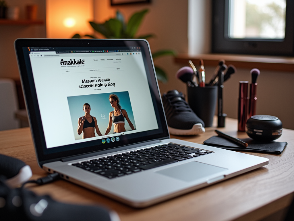 Çanakkale spor ve makyaj blogunun açık olduğu bir laptop ve çevresinde makyaj fırçaları ile spor ayakkabılar