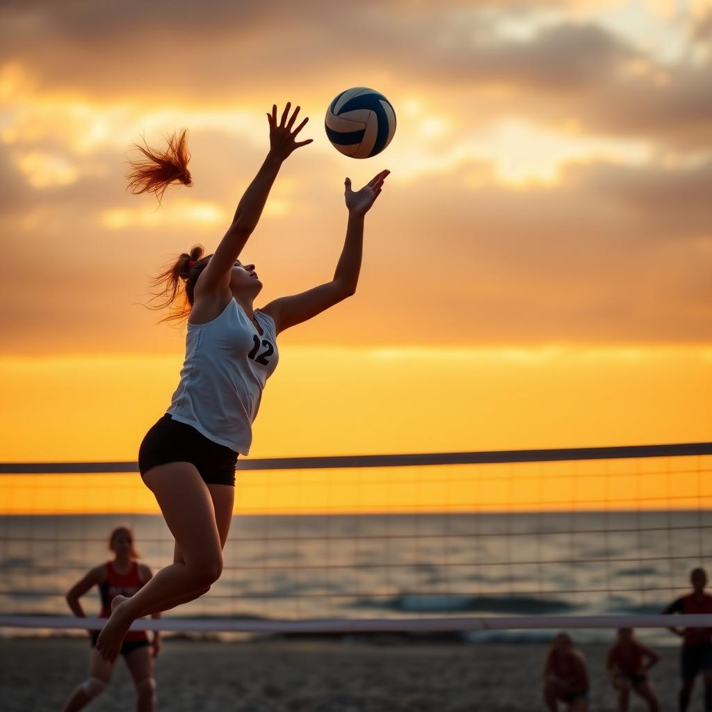 Çanakkale’de plaj voleybolu oynayan genç bir kadının, topa smaç vururken çekilmiş dinamik bir fotoğrafı, arka planda deniz ve gün batımı.