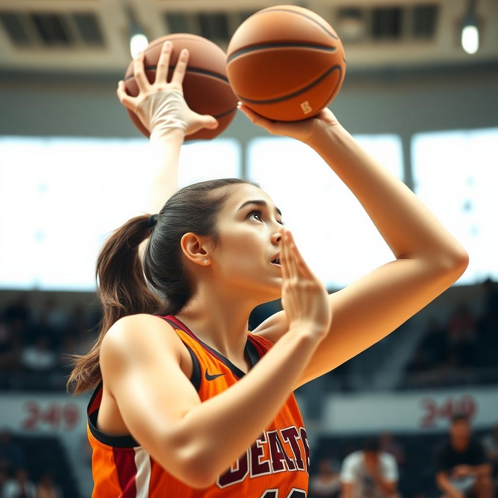 İyi aydınlatılmış bir kapalı sahada serbest atış yapan, odaklanmış bir ifadeye sahip, alnında ter olan genç bir kadın basketbolcu.