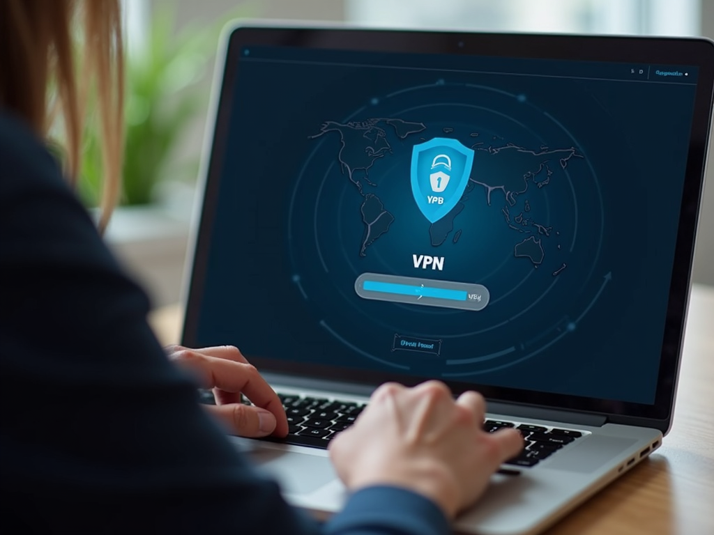 VPN arayüzü ile güvenli bir bağlantı gösteren laptop kullanan bir kişi.