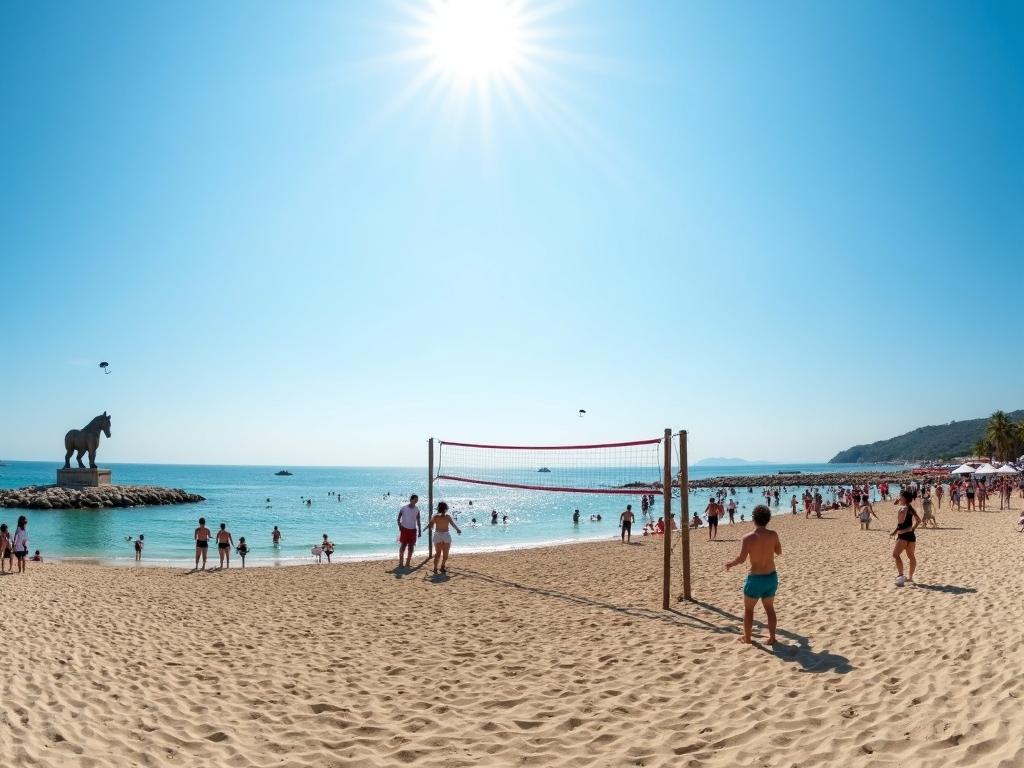 Çanakkale sahilinde plaj voleybolu turnuvası ve arka planda Truva Atı heykeli