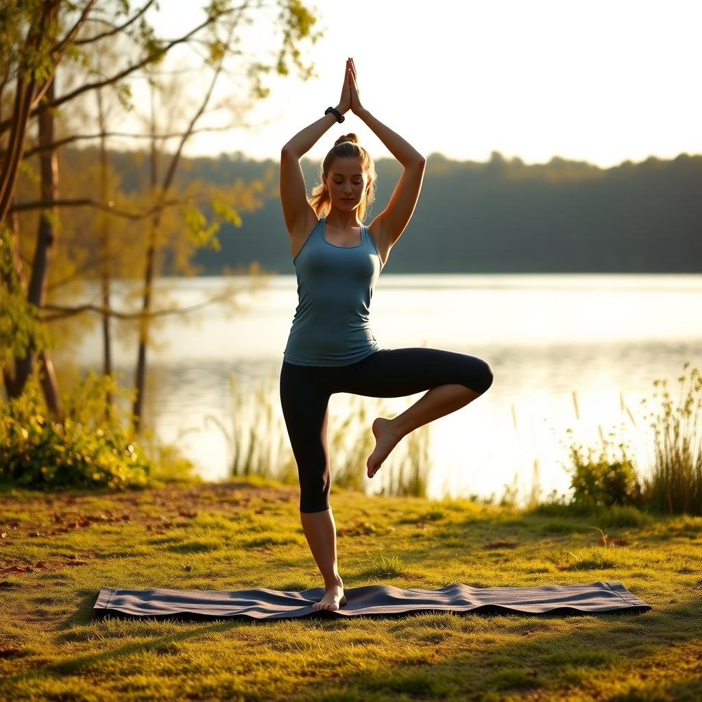 Bir kadın sporcu, açık havada yoga matında ağaç pozu yapıyor. Etrafında yeşillikler ve sakin bir göl var, sabah ışığı sahneyi yumuşakça aydınlatıyor.