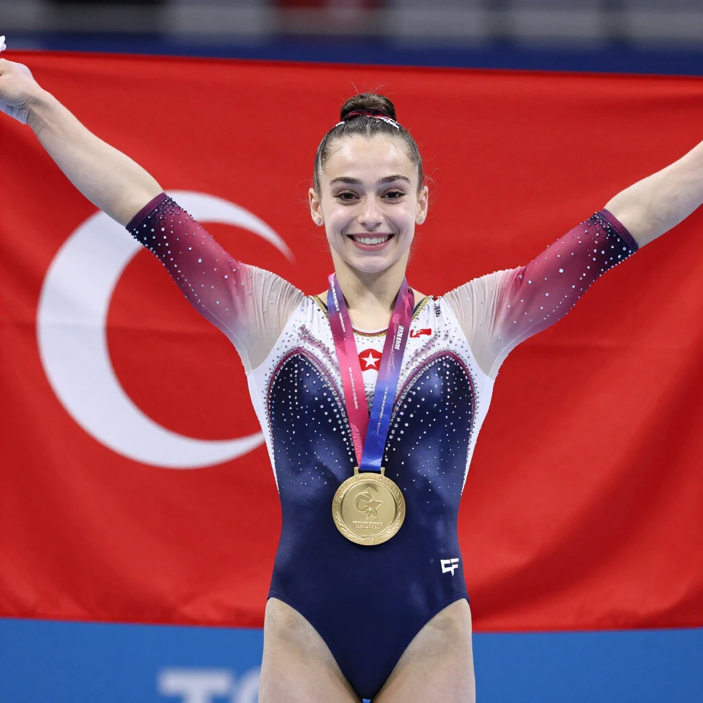 Uluslararası yarışmada altın madalya kazanan Türk genç kız jimnastikçi zaferini kutluyor
