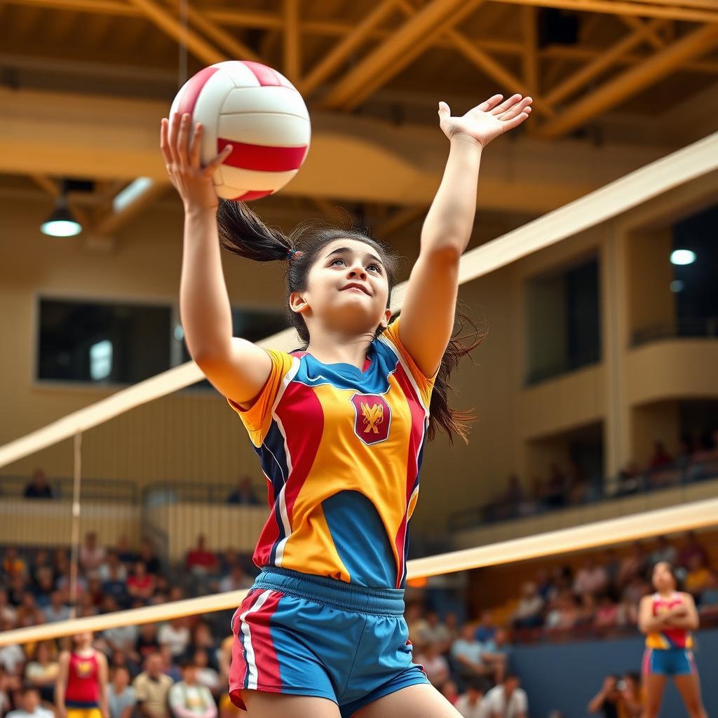 Genç bir kadın voleybol oyuncusu, salonda topa smaç vururken dinamik bir pozda.