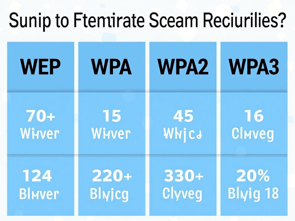 WEP, WPA, WPA2 ve WPA3 şifreleme türlerini karşılaştıran, WPA3’ü en güvenli seçenek olarak vurgulayan bir infografik.