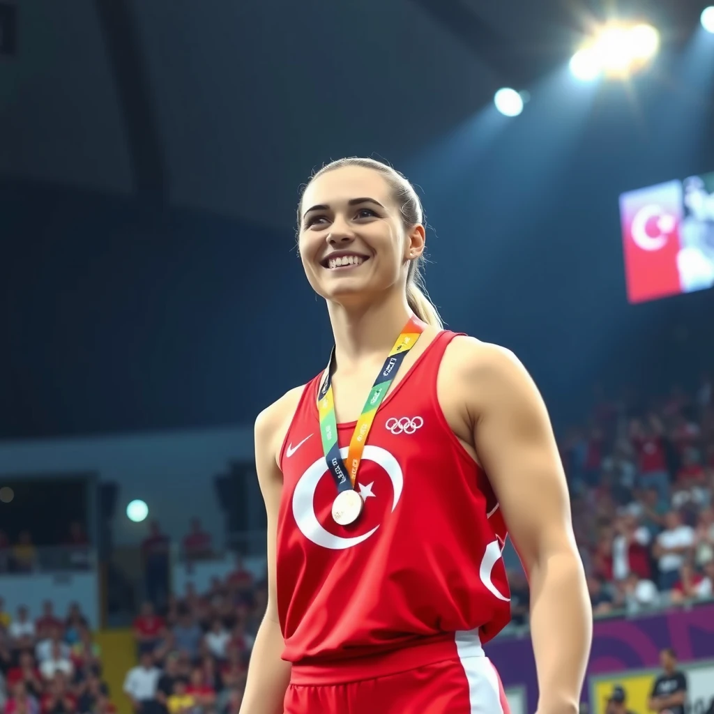 Yasemin Adar Yiğit Olimpiyat madalya töreninde bronz madalyasıyla gururlu bir şekilde poz veriyor