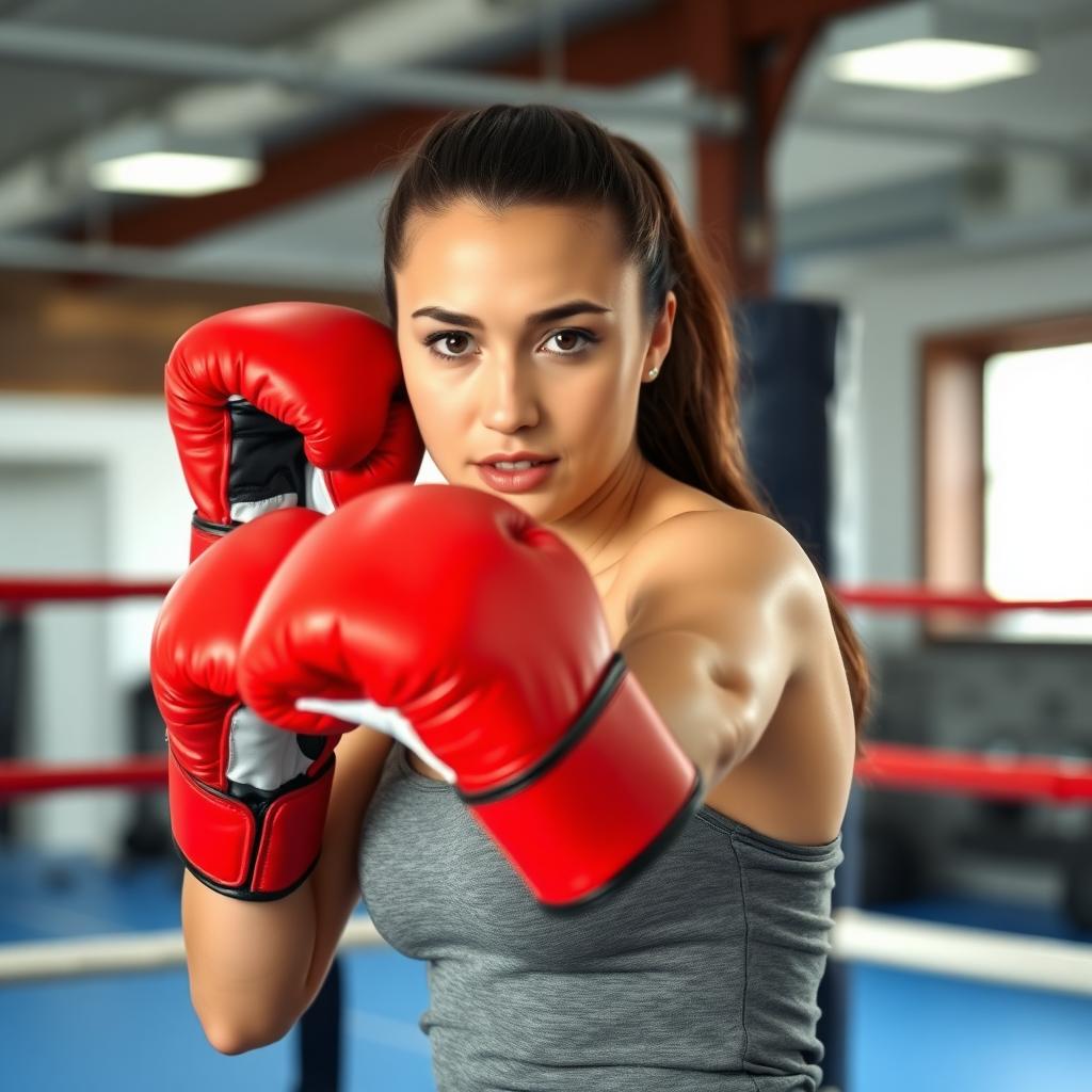 Kendine güvenen bir Türk kadın boksör, modern bir spor salonunda kırmızı boks eldivenleriyle ringde yumruk atmaya hazırlanırken odaklanmış bir ifade sergiliyor.