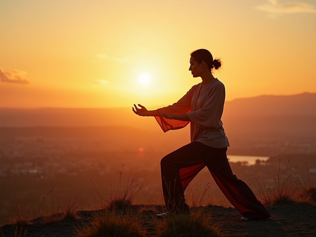 Çanakkale’de gün batımında tai chi yapan bir kadın