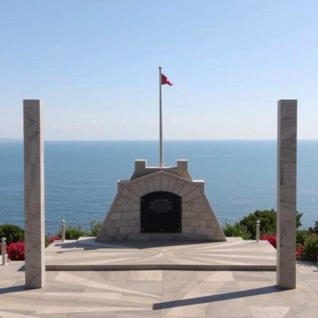 Gelibolu Yarımadası’nda Çanakkale Şehitler Anıtı ve deniz manzarası.