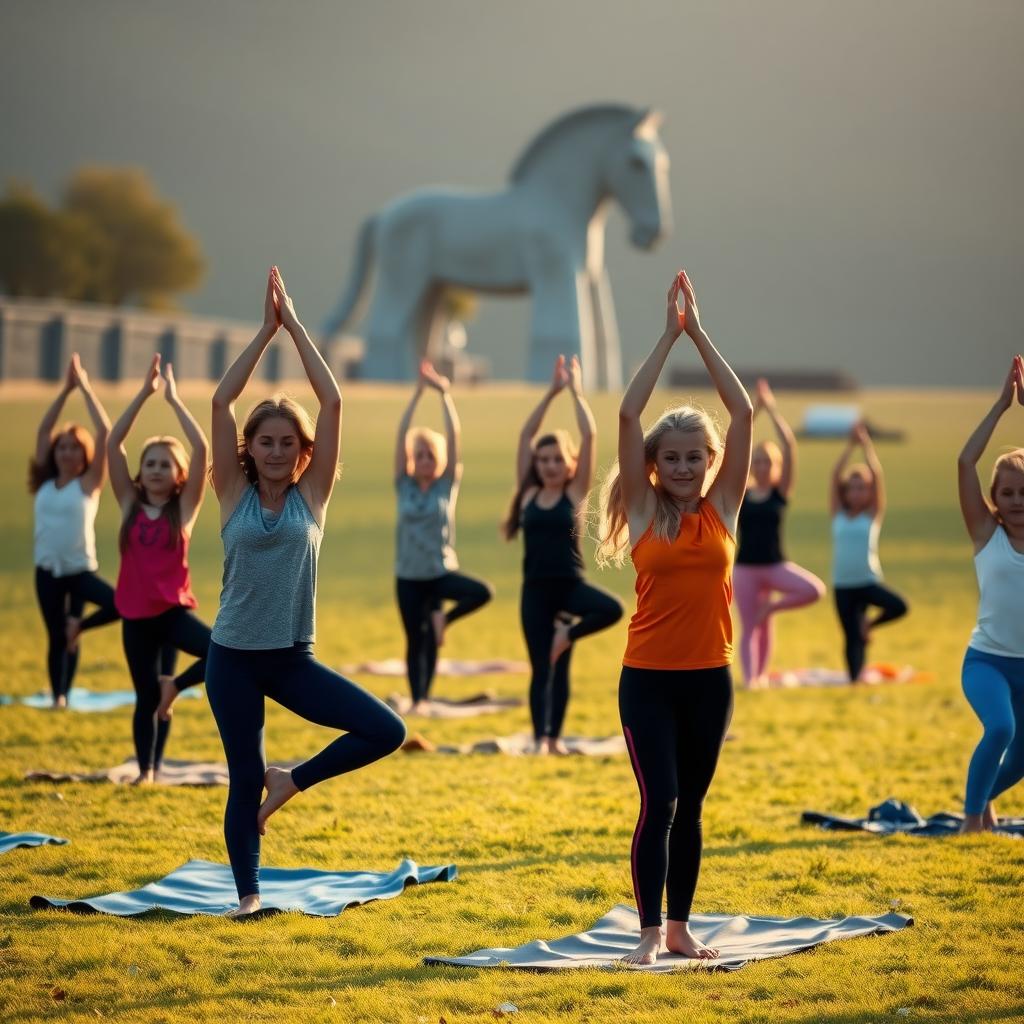 Çanakkale’de çim alanda yoga yapan genç kızlar, arka planda Truva Atı anıtıyla.