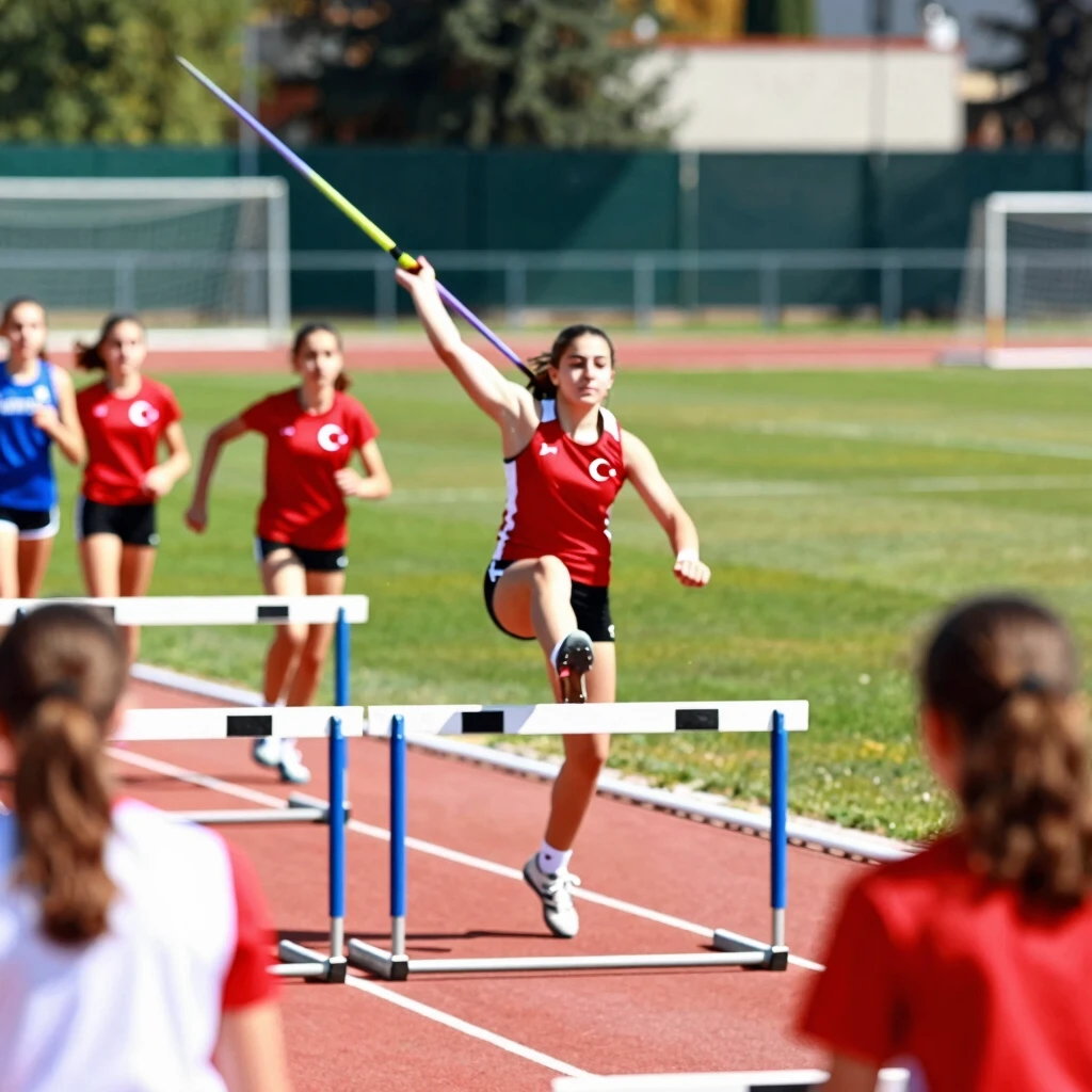 Türkiye'de genç kızlar atletizm antrenmanında engel atlıyor ve cirit atıyor