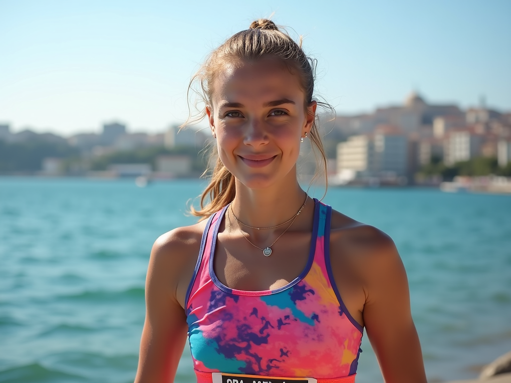 Çanakkale’de deniz kenarında renkli spor kıyafetiyle bir koşucu kız.