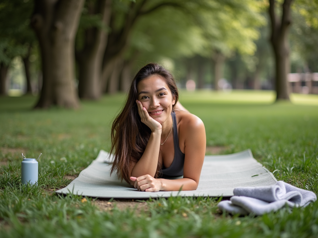 Spor sonrası parkta yoga matında dinlenen kişi