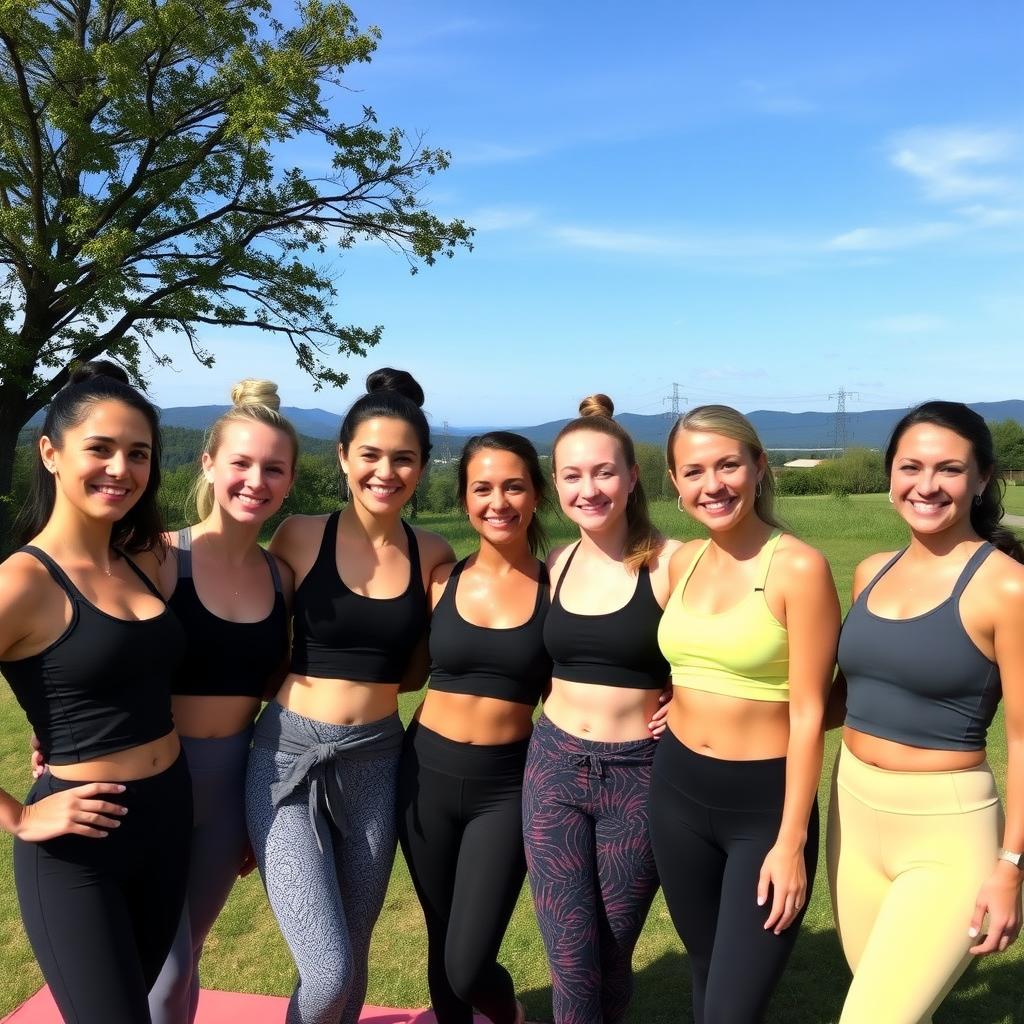 Yoga dersi sonrası doğal makyajlı, şık spor kıyafetli genç kadınlar açık havada poz veriyor.