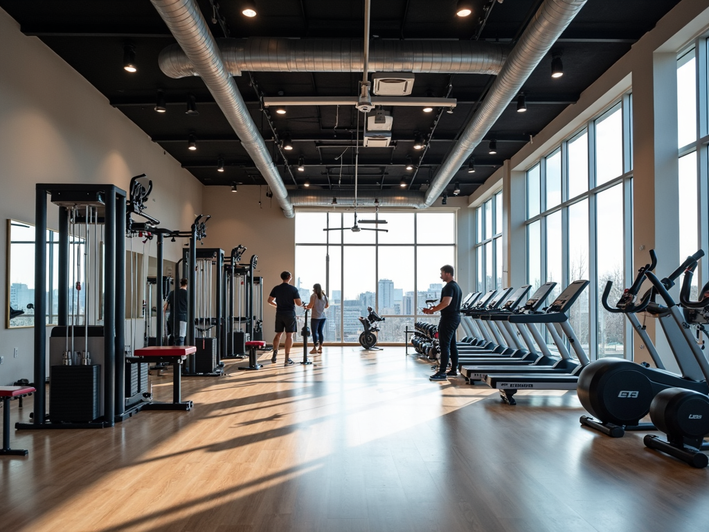 Çanakkale'deki modern bir spor salonunun iç görünümü, son teknoloji fitness ekipmanları ve egzersiz yapan insanlarla.