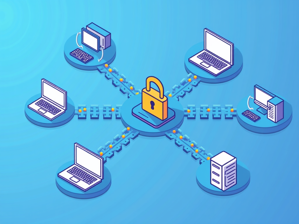 Farklı cihazları ve sunucuları bağlayan VPN tünelleriyle güvenli bir ağ illüstrasyonu.