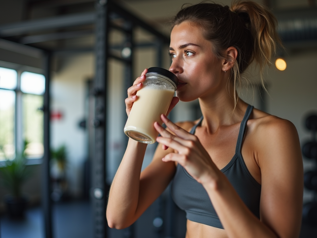Spor sonrası protein shake içen bir kişi, arka planda spor ekipmanlarıyla