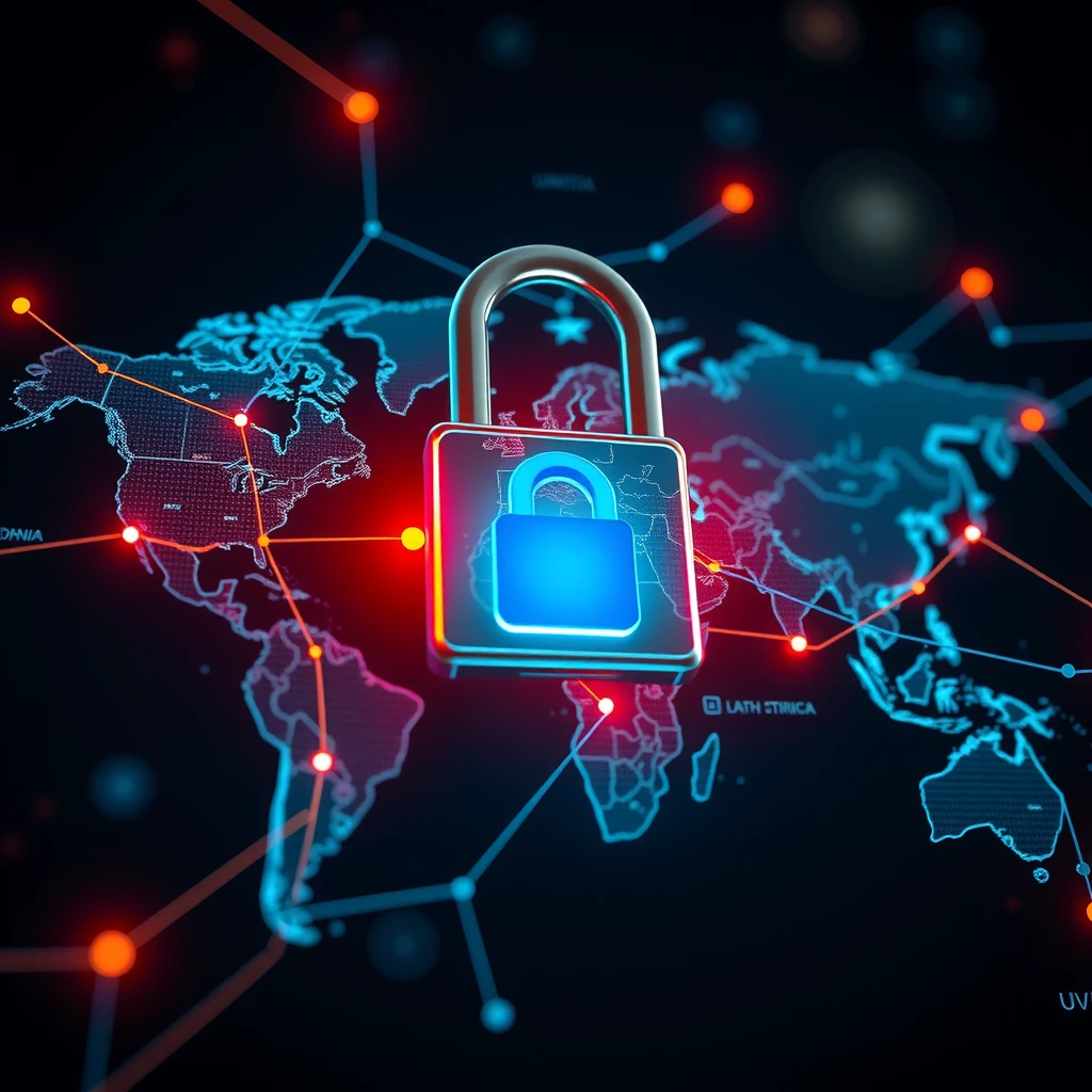 Dünya haritası üzerinde parlayan VPN bağlantıları ve güvenli dijital kilit görseli