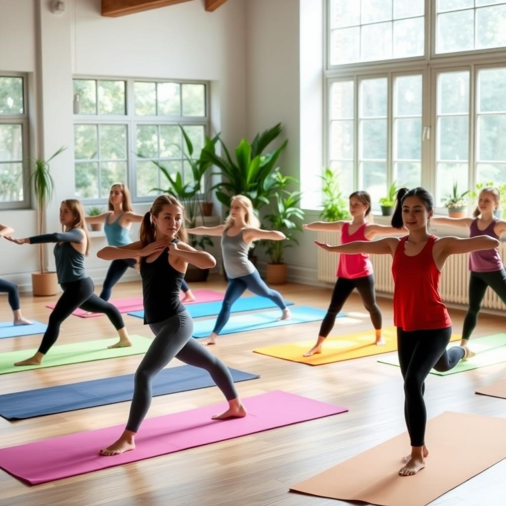 Renkli yoga matlarında savaşçı pozu yapan genç kızların olduğu sakin bir kapalı alan yoga dersi, büyük pencereli ve arka planda saksı bitkileri olan güneşli bir odada.