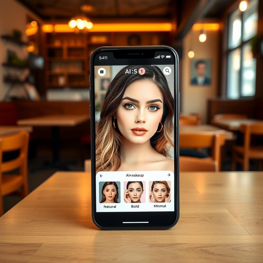 Çanakkale'deki bir kafede, AI makyaj uygulamasının farklı makyaj stilleri sunan arayüzünü gösteren modern bir akıllı telefon ekranı.