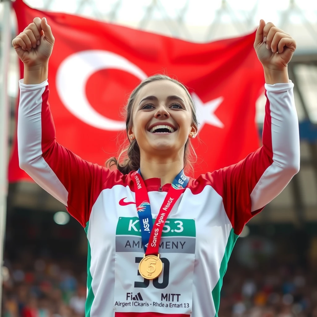 Madalyasıyla zafer kutlayan genç Türk kadın sporcu