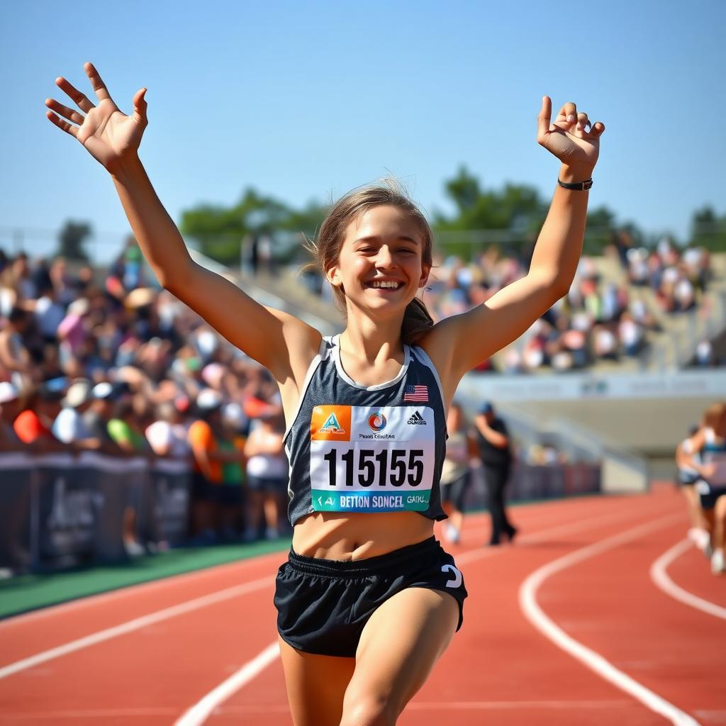 Bir atletizm yarışında bitiş çizgisini geçen genç bir kadın koşucu, yüzünde gurur ve yorgunluk parıltısı, kolları zaferle havada, arka planda renkli bir seyirci kalabalığı, parlak bir öğleden sonra güneşi altında.