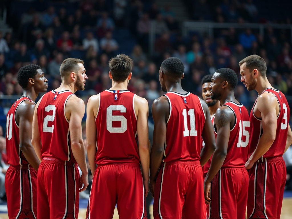 Basketbol takımı, maç öncesi strateji tartışıyor.