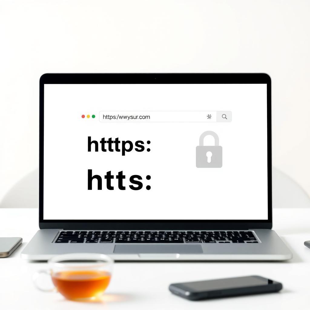 Bir dizüstü bilgisayarda güvenli bir web sitesinin görüntüsü, adres çubuğunda 'https://' ve kilit simgesi görünüyor.
