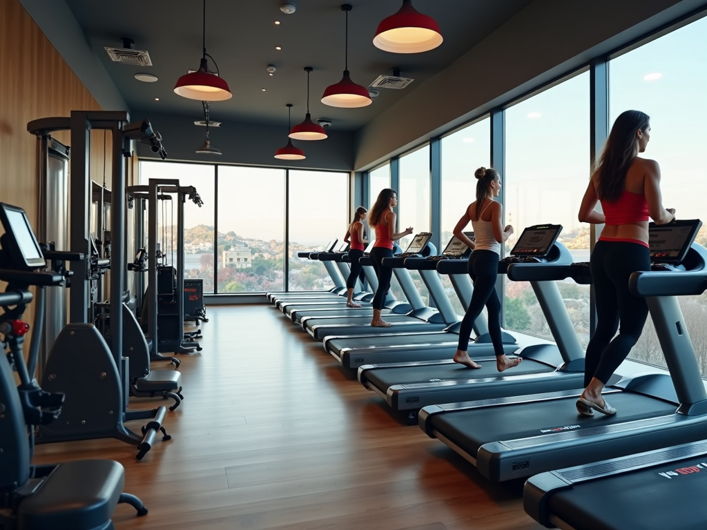 Çanakkale'de modern bir spor salonunun içi, koşu bandı ve ağırlık makineleri kullanan kadınlar