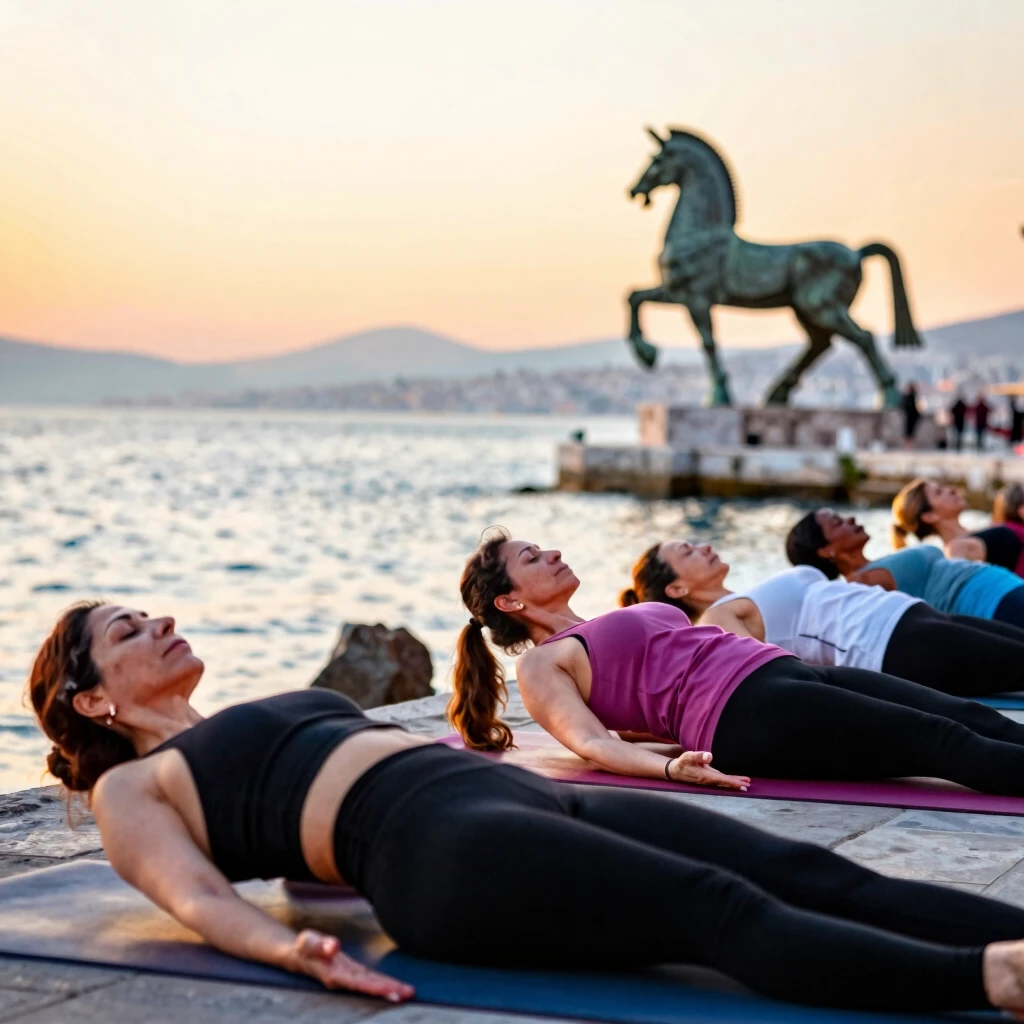 Gün doğumu vakti Çanakkale sahilinde yoga yapan huzurlu kadın grubu, tarihi Truva Atı manzarasıyla