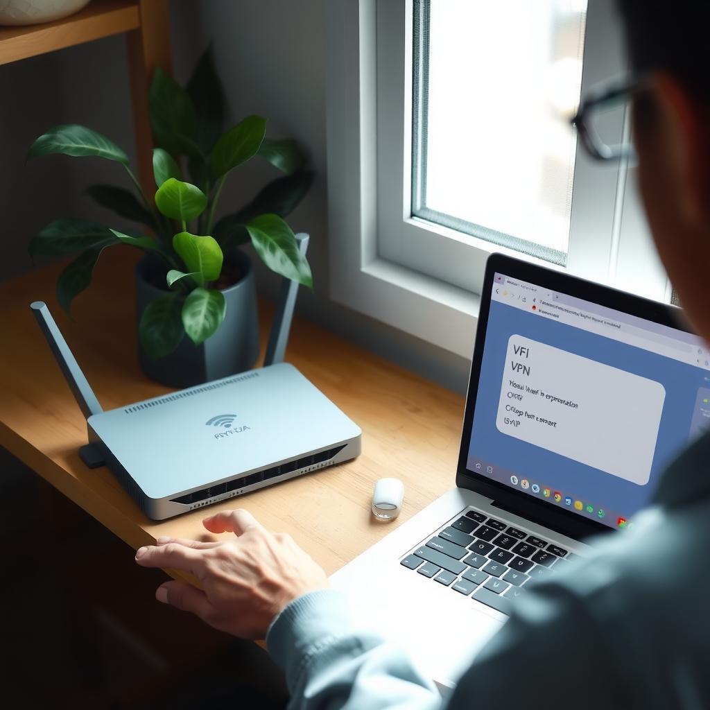 Bir kişi, ev ortamında modern bir Wi-Fi yönlendiricisine VPN kuruyor, yönlendirici bir bitkinin yanında rafta, yakında VPN yapılandırma ekranını gösteren bir dizüstü bilgisayar var.