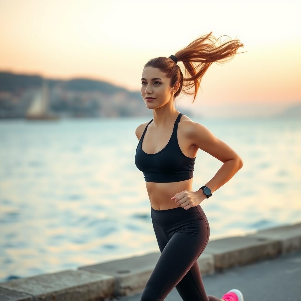 Çanakkale sahilinde koşan, şık spor kıyafetli genç bir kadın