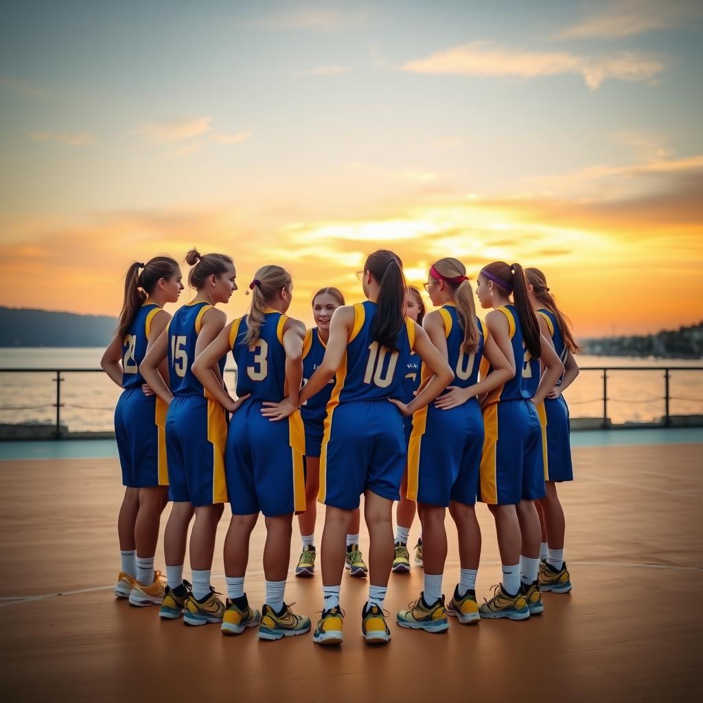 Çanakkale’de gün batımında basketbol sahasında bir araya gelen genç kadın basketbolcuların fotoğrafı.