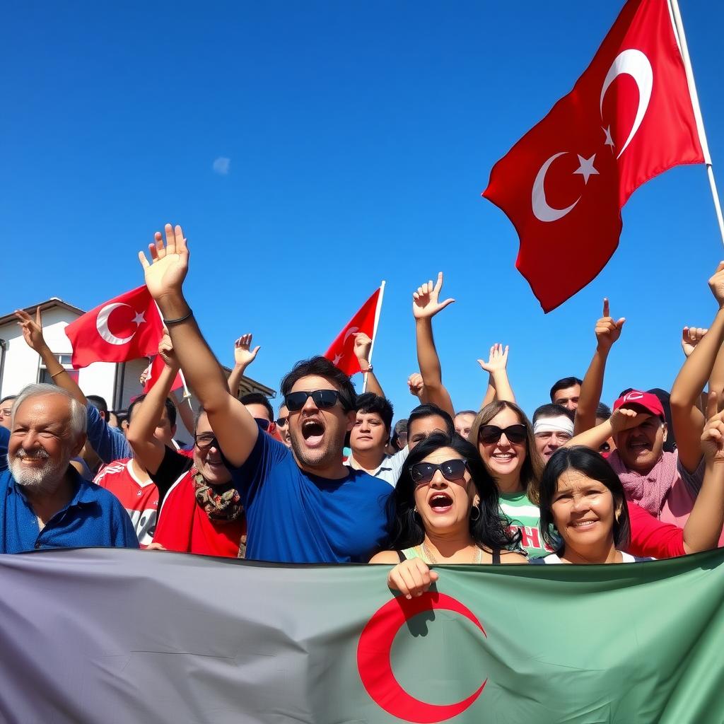 Çeşitli yaşlardan insanların bir araya geldiği, renkli pankartlarla dolu bir yerel futbol maçında coşkulu bir kalabalık.