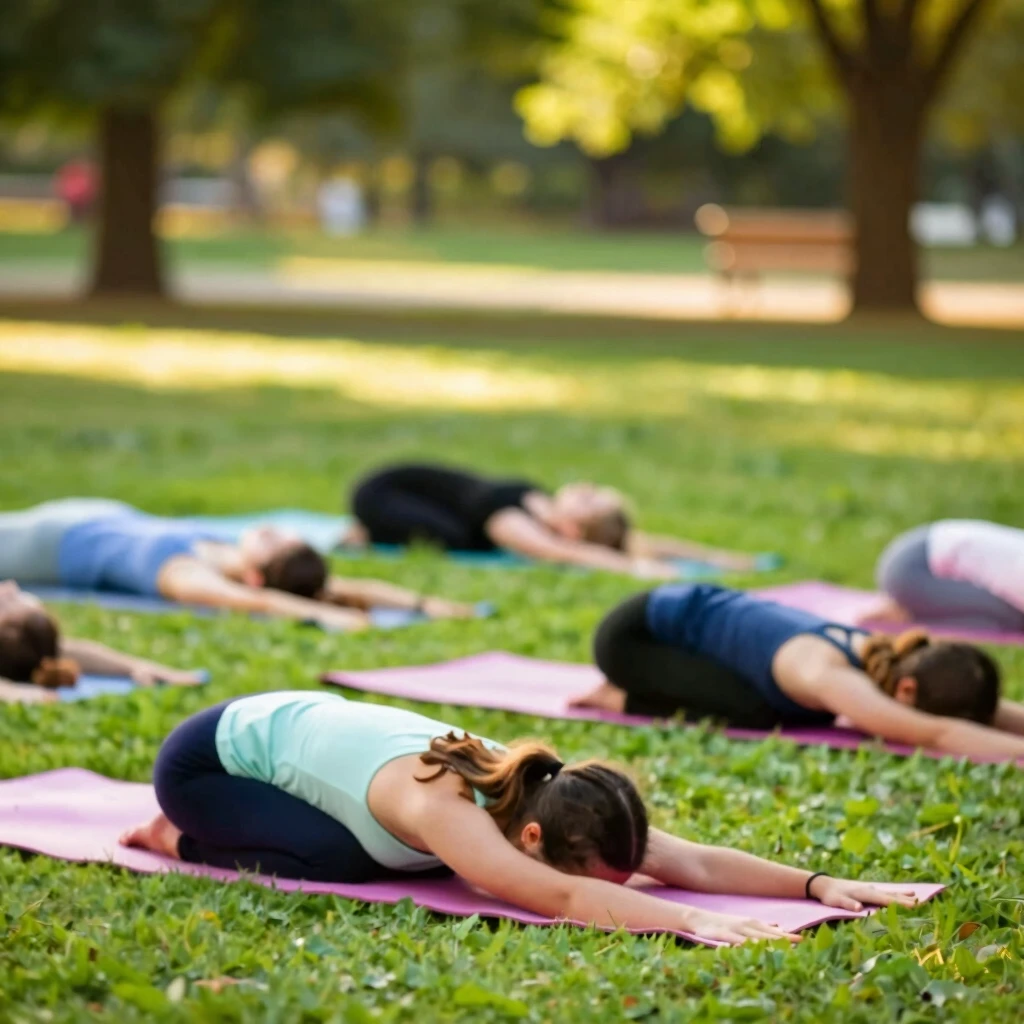Parkta sabah ışığında yoga yapan rahatlamış ve odaklanmış genç kız grubu