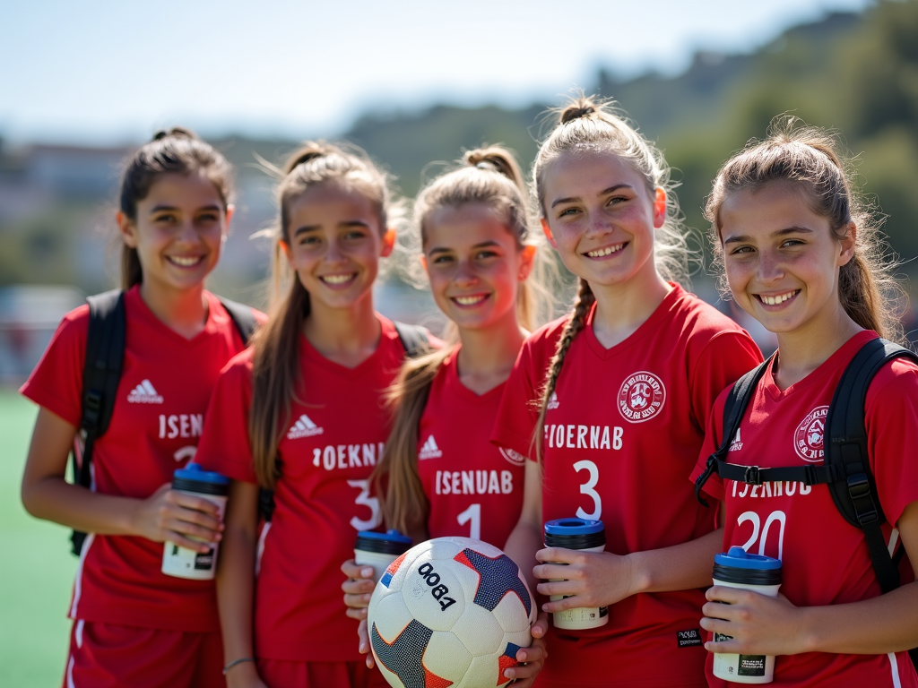Çanakkale’de spor yapan genç kızların grup fotoğrafı, takım formalarıyla gülümseyerek spor ekipmanlarını tutuyorlar.