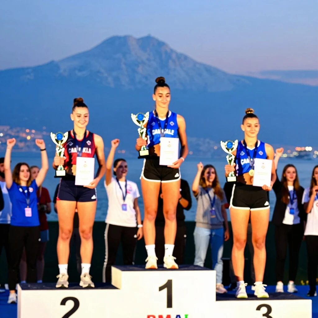 Spor Güzelleri Yarışması podyumunda zafer kutlayan genç kızlar