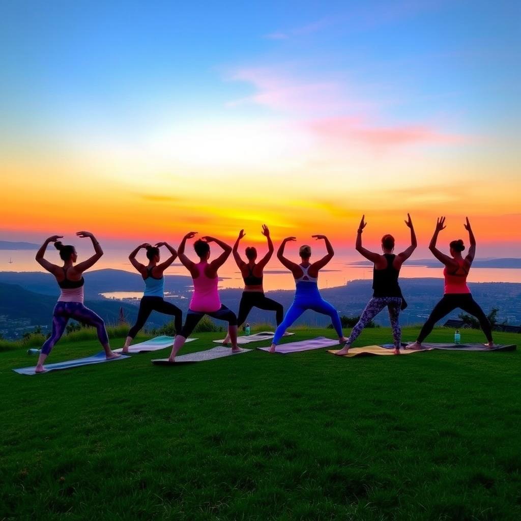 Çanakkale'de gün batımında yoga yapan genç kadınlar, Dardanel Boğazı manzaralı bir tepede savaşçı pozunda.
