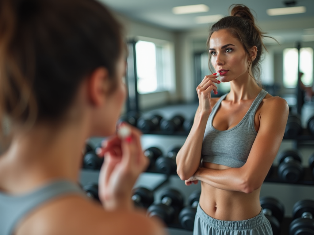 Spor salonunda ayna karşısında lip balm süren kadın